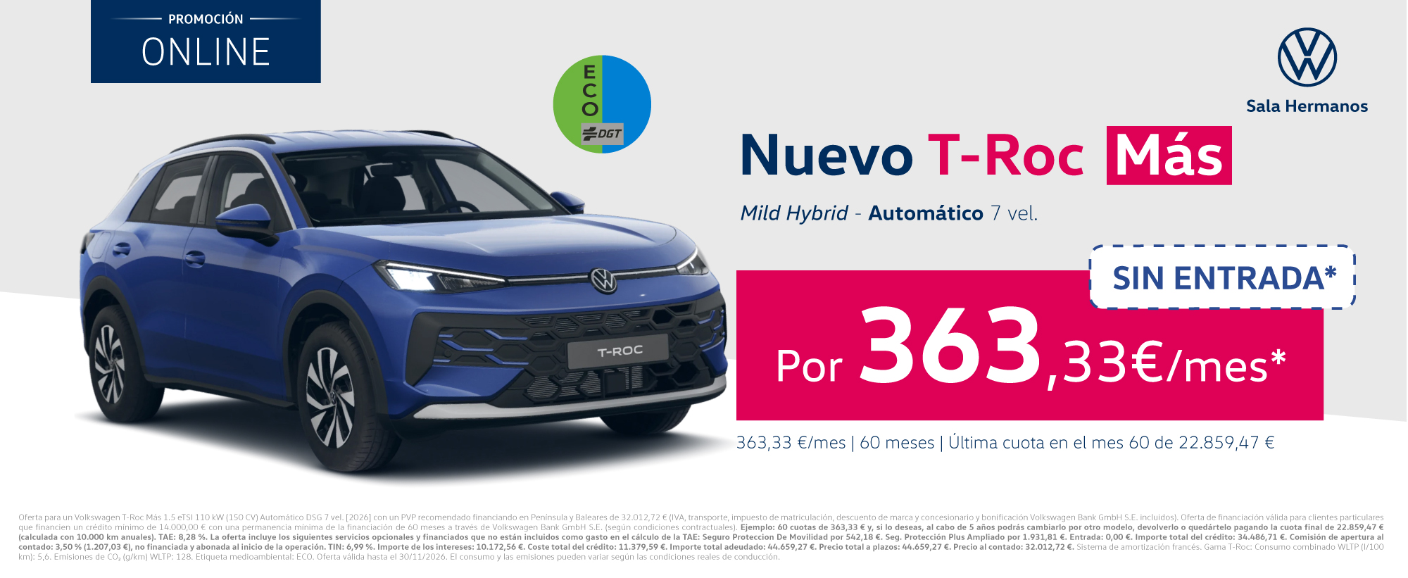 ¡Sin Entrada! Nuevo Volkswagen T-Roc Más 116 CV por 363€/mes